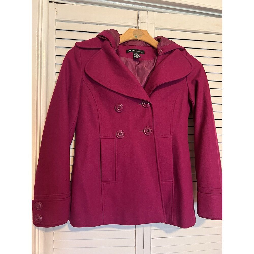 NEW YORK & COMPANY Women's Size 2 Coat Jacket Wool Blend‎ PeaCoat Purple Hooded